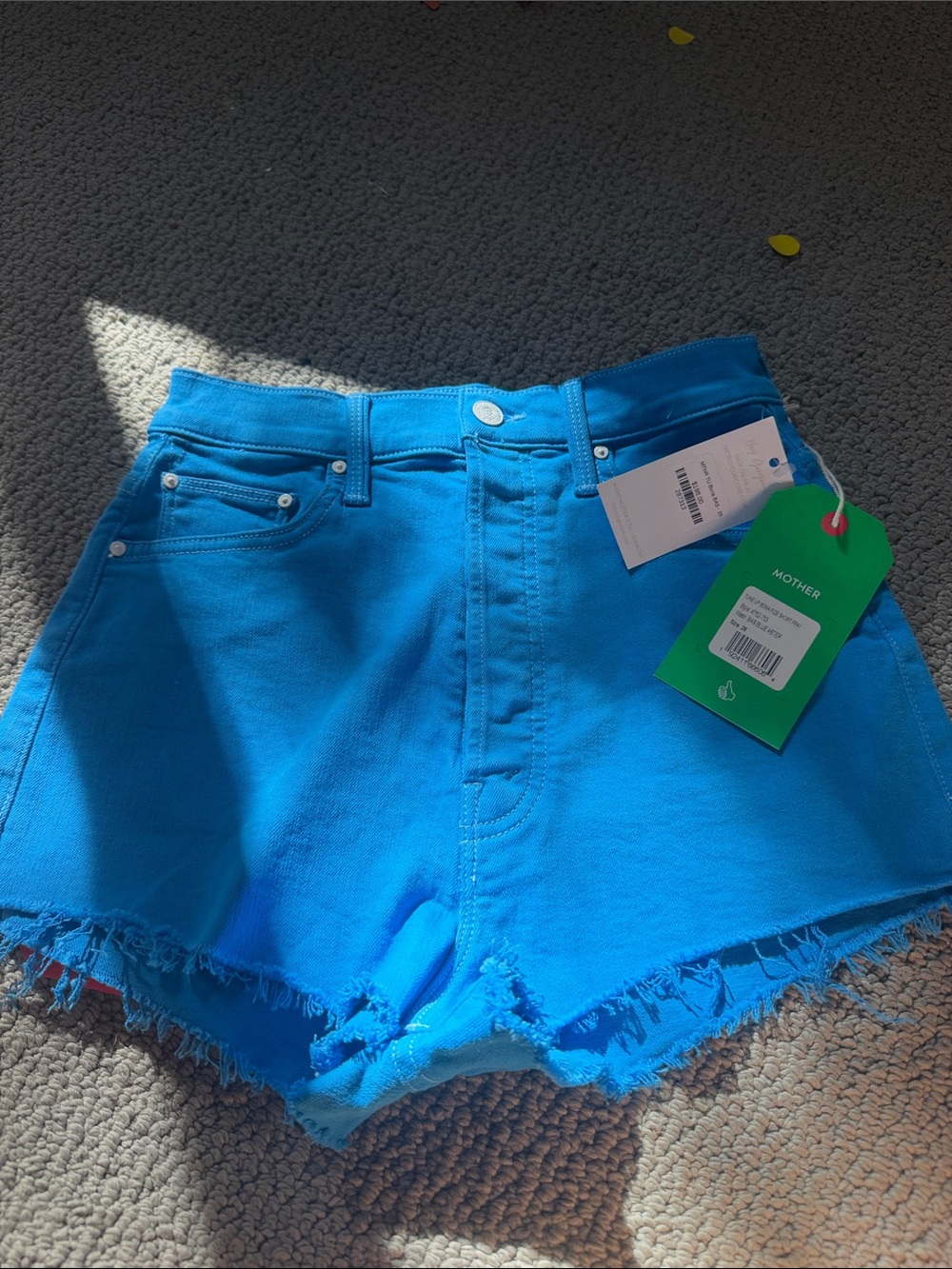 MOTHER Electric Blue High-Rise Frayed Hem Jean Shorts